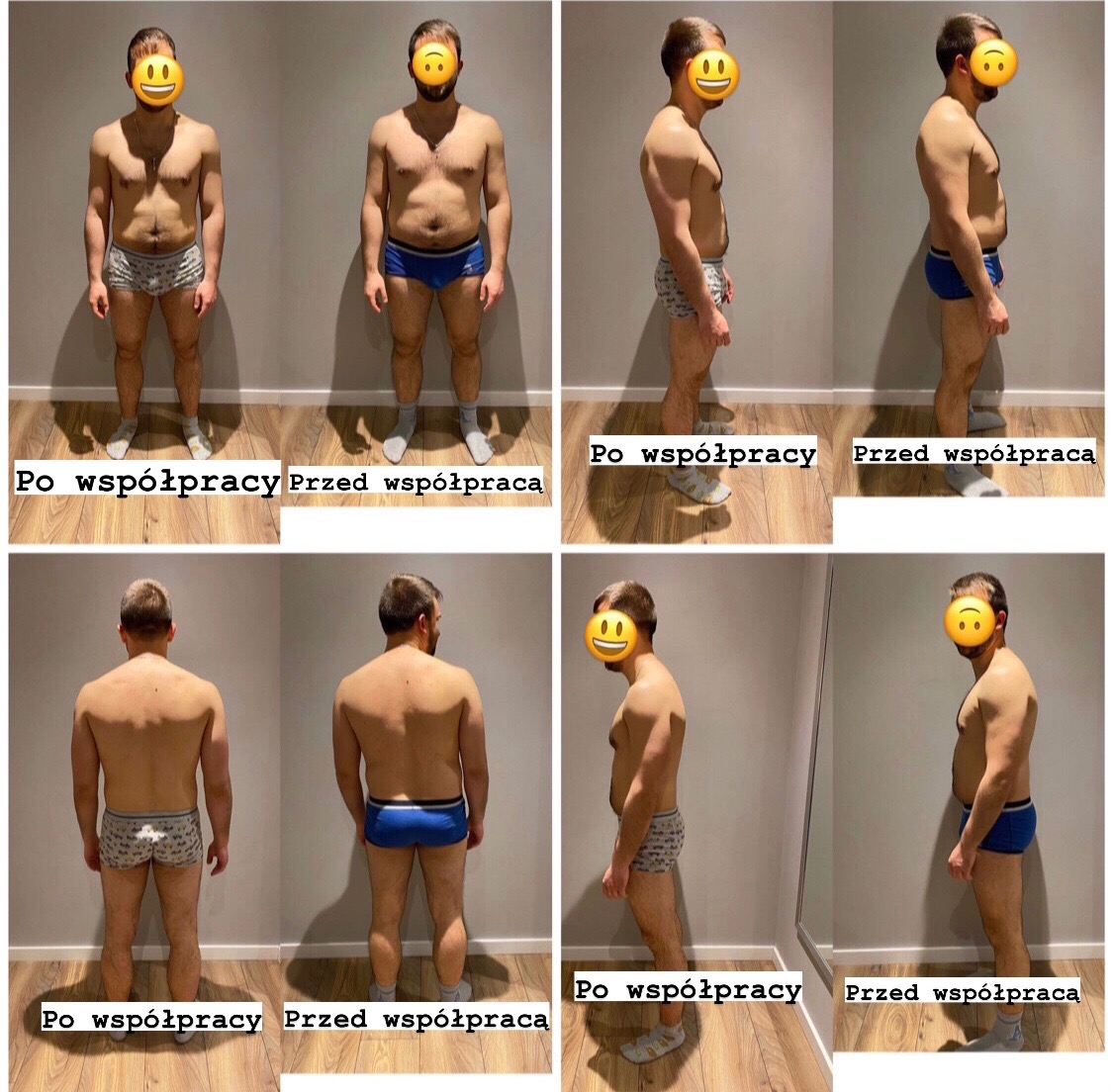 Mężczyzna prezentujący zmiany w sylwetce przed i po współpracy, widoczne z przodu, z boku i z tyłu, z różnicami w budowie ciała i postawie.
