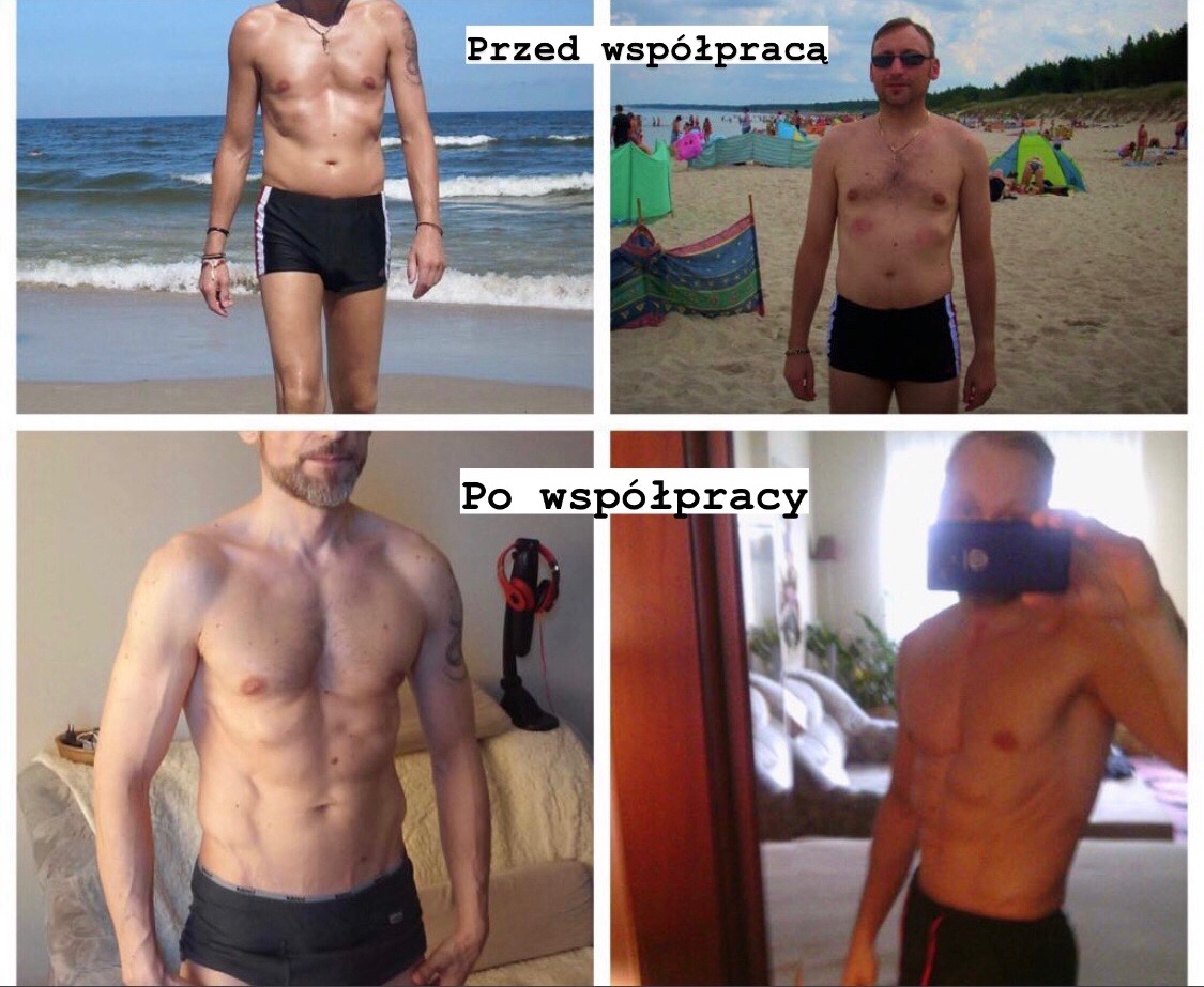 Kolaż przedstawiający transformację sylwetki mężczyzny 'przed' i 'po' współpracy, ukazujący różnicę w definicji mięśni i redukcji tkanki tłuszczowej.