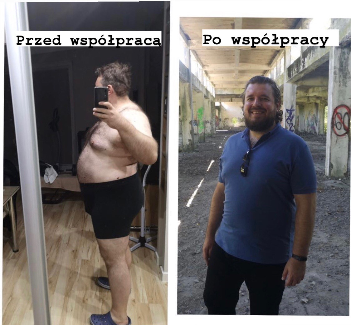 Mężczyzna przed i po metamorfozie sylwetki; zdjęcie po lewej pokazuje sylwetkę przed, a po prawej po zmianie stylu życia.