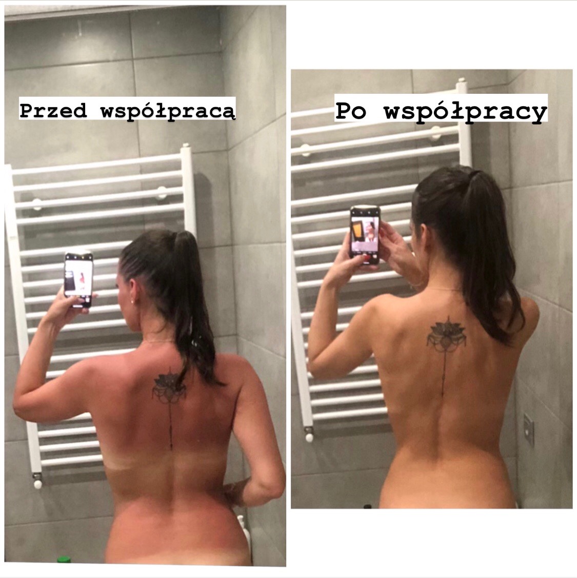 Porównanie opalenizny natryskowej przed i po zabiegu, widoczne różnice w kolorycie skóry na plecach modelki z tatuażem na kręgosłupie, na tle łazienki z grzejnikiem drabinkowym.