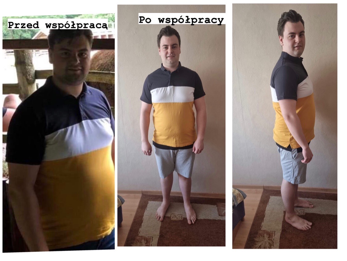 Mężczyzna w koszulce polo w trzech ujęciach: przed, po przodem i po bokiem, prezentujący efekty odchudzania.
