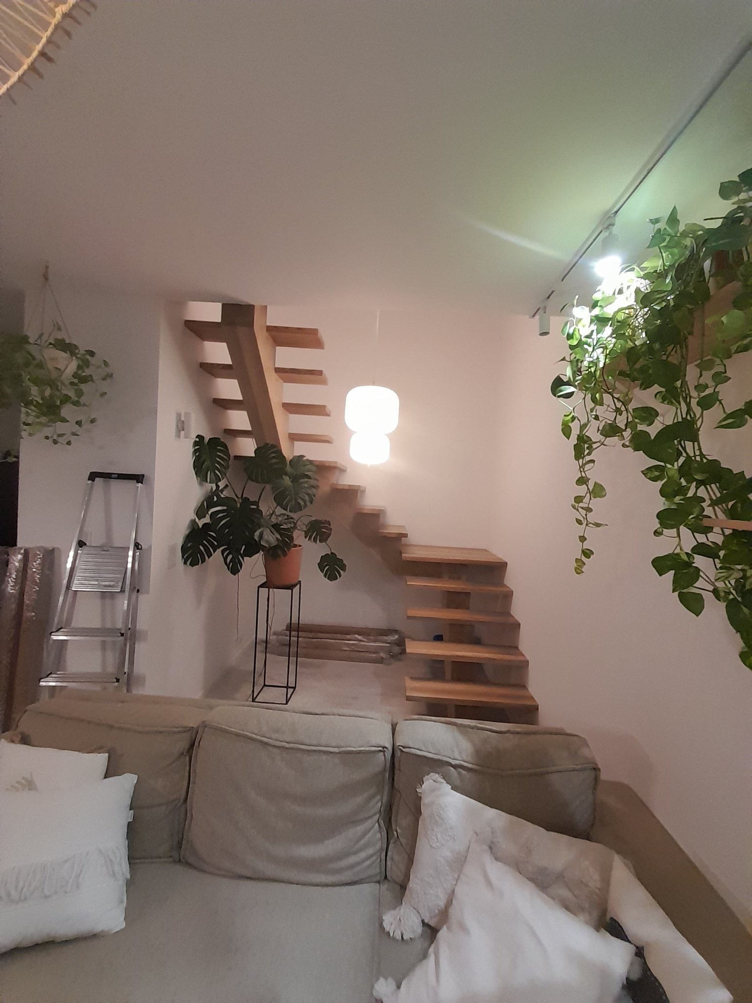 Nowoczesne, drewniane schody bez poręczy w jasnym wnętrzu z roślinami doniczkowymi, widoczne z perspektywy kanapy.