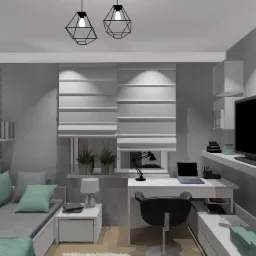 Wizualizacja pokoju młodzieżowego z szarą tapetą w kropki, sofą z zielonymi poduszkami, biurkiem z laptopem i geometrycznymi lampami wiszącymi.