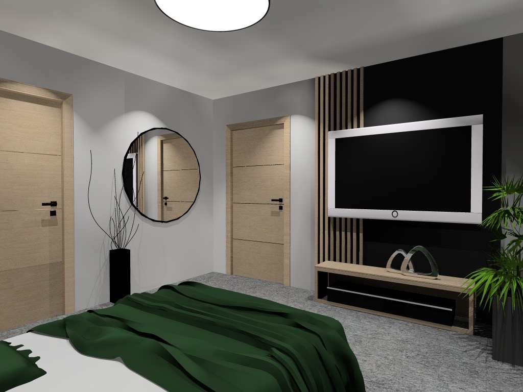 Wizualizacja sypialni z zieloną narzutą na łóżku, okrągłym lustrem na ścianie, telewizorem na czarnym tle z drewnianymi listwami i rośliną w donicy.