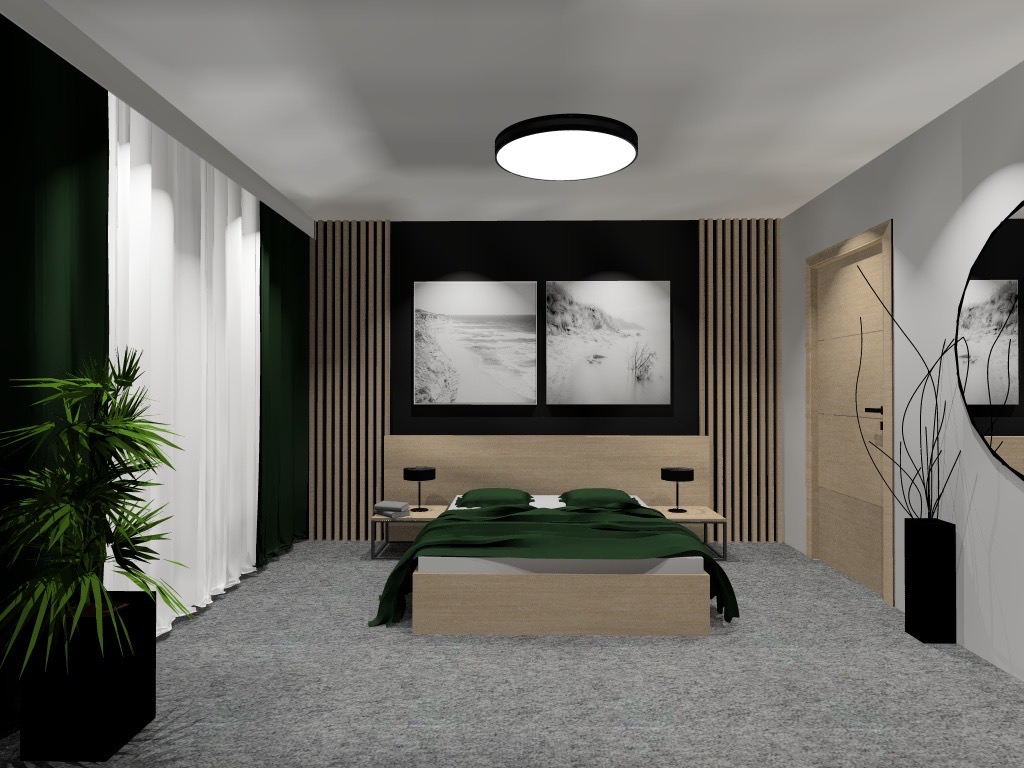 Wizualizacja sypialni z drewnianą ścianą, łóżkiem z zieloną narzutą, czarno-białymi obrazami i rośliną doniczkową w czarnej donicy.