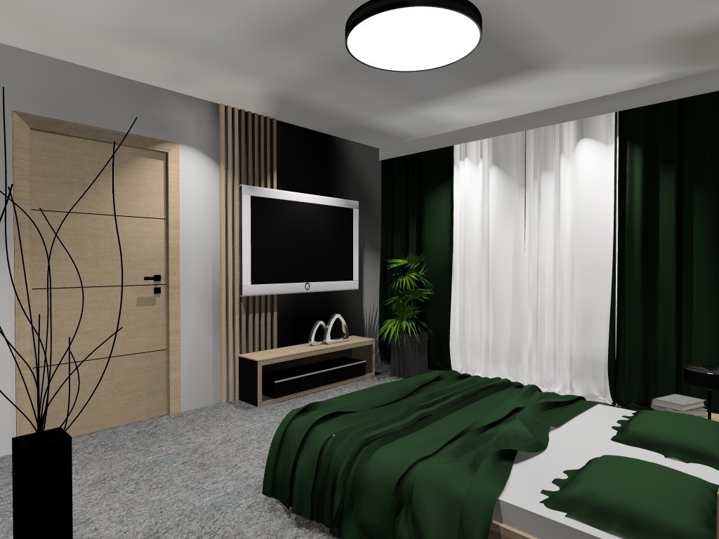Wizualizacja sypialni z ciemnozielonymi zasłonami i narzutą, jasną podłogą i drewnianymi elementami, minimalistyczny design z telewizorem na ścianie.