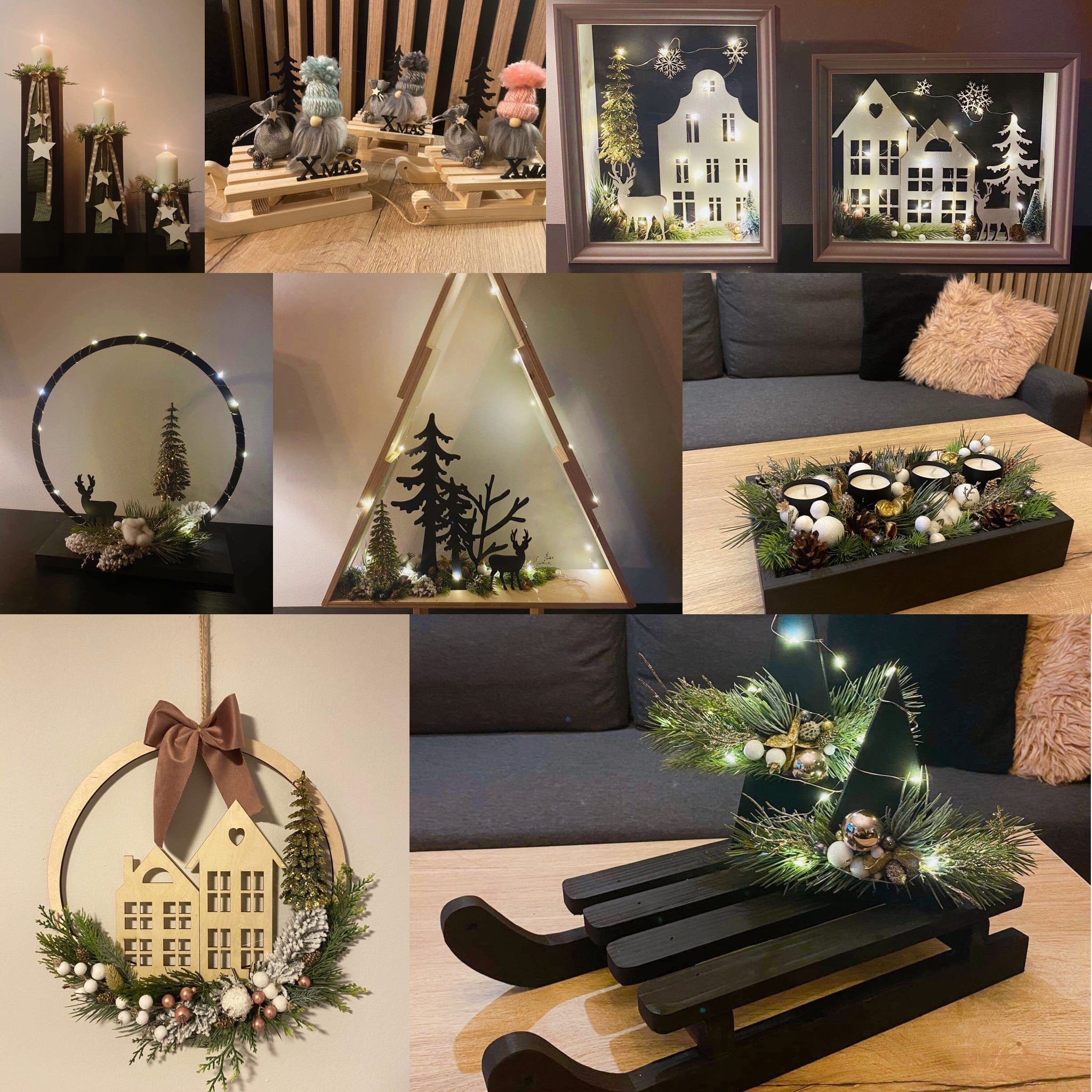 Zestaw świątecznych dekoracji: drewniane domki w ramkach i wieńcu, sanie z ozdobami, świeczniki z gwiazdami, kompozycje ze świecami, choinkami i reniferami, niektóre podświetlone lampkami.