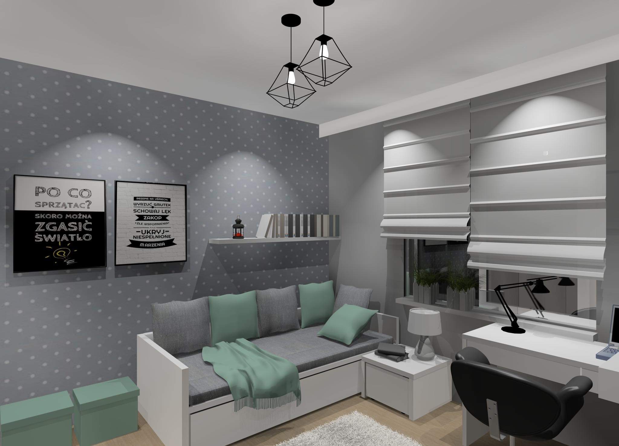 Wizualizacja pokoju młodzieżowego w szaro-zielonej tonacji z łóżkiem-sofą, biurkiem i dekoracyjnymi plakatami na ścianie w kropki, oświetlonego geometrycznymi lampami wiszącymi.