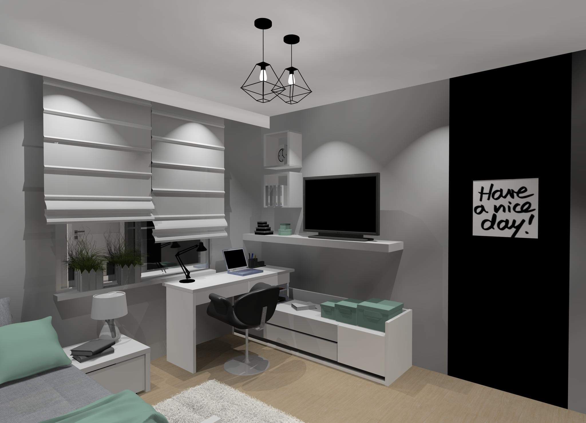 Nowoczesny pokój młodzieżowy w szarościach z czarnym akcentem, biurko z laptopem, designerskie lampy wiszące i tablica z napisem 'Have a nice day!'