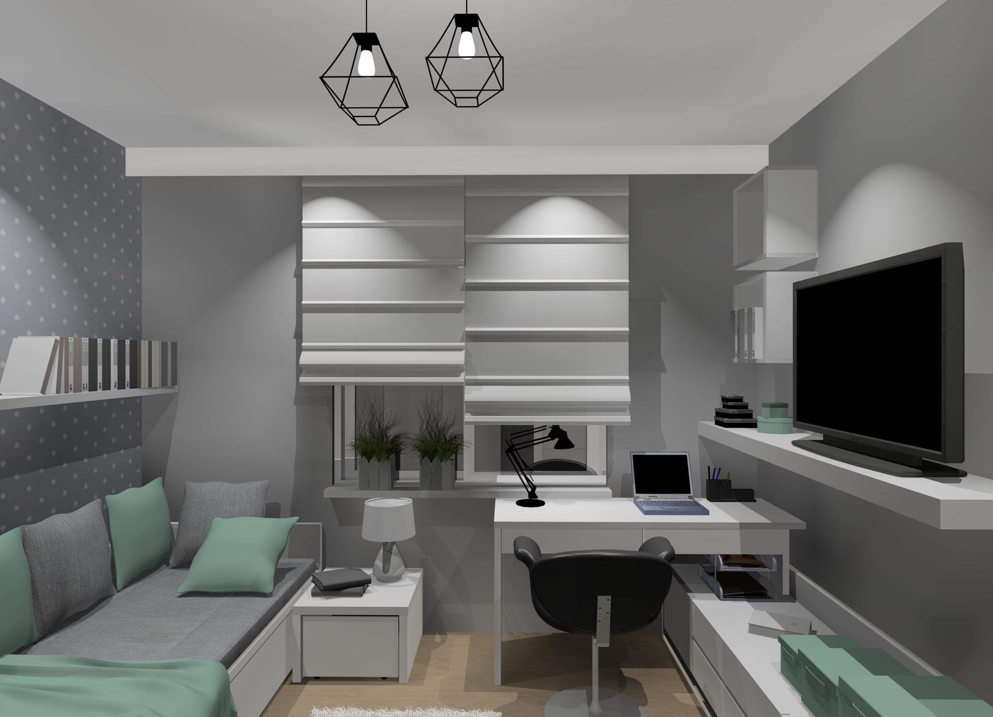 Wizualizacja pokoju młodzieżowego z szarą tapetą w kropki, sofą z zielonymi poduszkami, biurkiem z laptopem i geometrycznymi lampami wiszącymi.