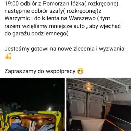 Stodulski trans - Żółty bus transportowy z otwartymi drzwiami bagażnika, załadowany meblami zabezpieczonymi folią, obok wnętrze busa z rozmontowanym łóżkiem i elementami szafy, widoczny pracownik firmy transportowej...
