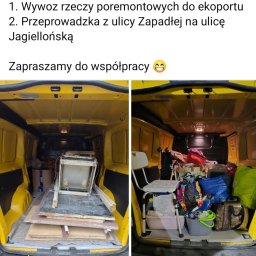 Stodulski trans - Wnętrze żółtego busa podzielone na dwie części: po lewej płyty i fragmenty mebli, po prawej torby, wiaderka i krzesło turystyczne, sugerujące przeprowadzkę lub transport rzeczy.