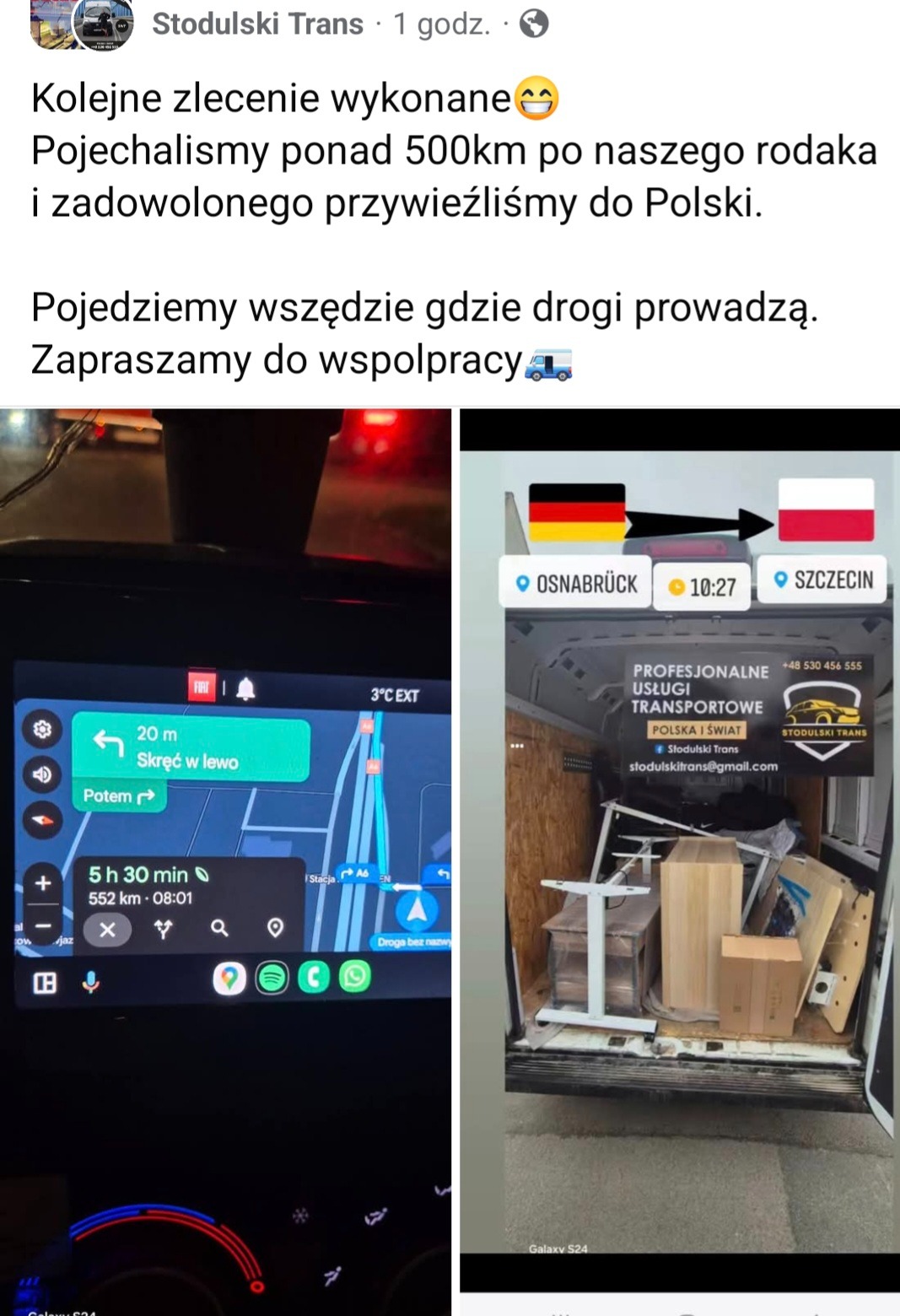 Wnętrze busa wypełnione meblami podczas transportu, widok nawigacji samochodowej wskazującej trasę, informacja o transporcie z Osnabrück do Szczecina.