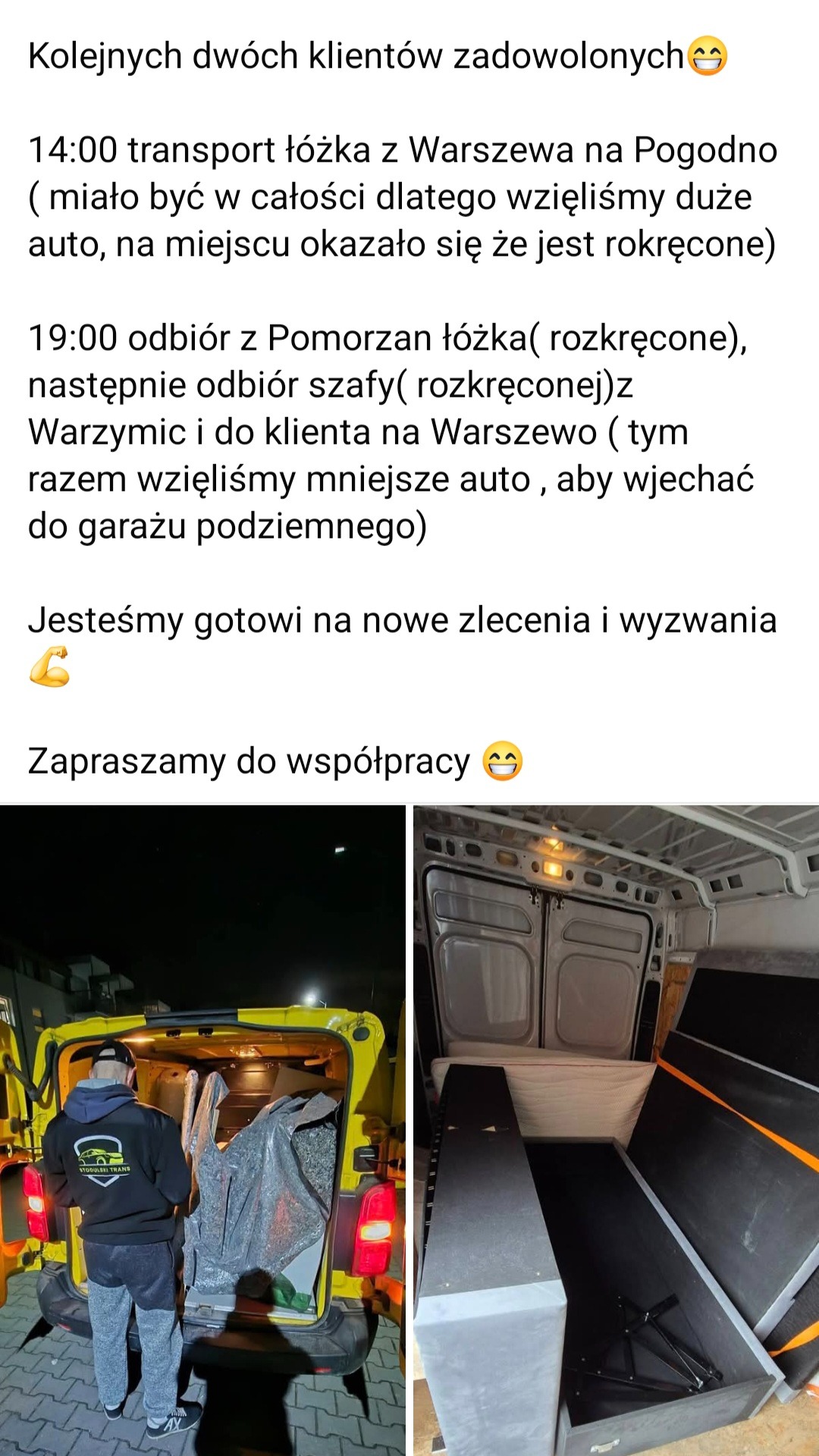 Żółty bus transportowy z otwartymi drzwiami bagażnika, załadowany meblami zabezpieczonymi folią, obok wnętrze busa z rozmontowanym łóżkiem i elementami szafy, widoczny pracownik firmy transportowej...