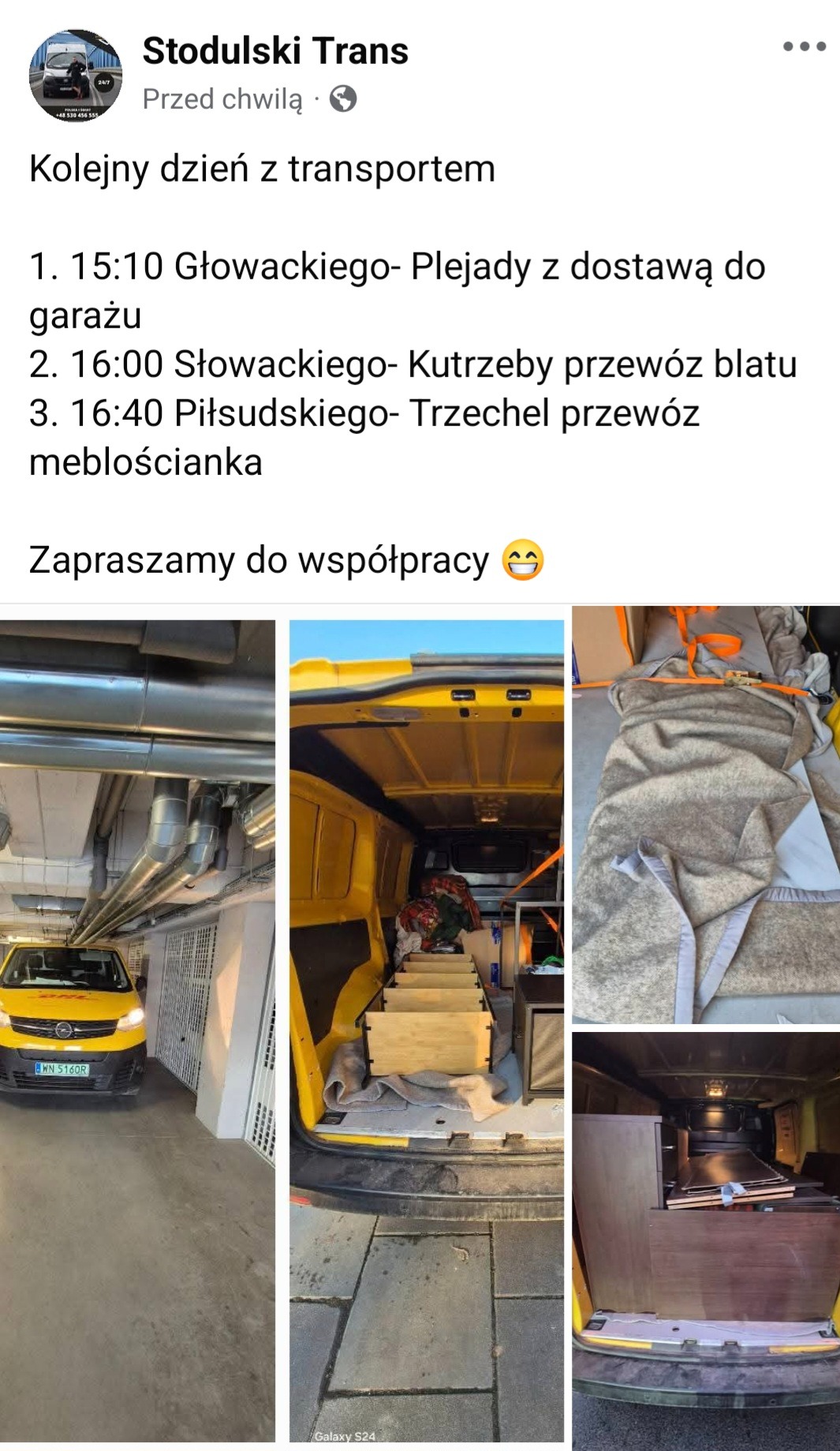 Żółty bus w garażu podziemnym, wnętrze busa załadowane meblami zabezpieczonymi kocami i pasami, oraz widok z tyłu na załadowane meble.