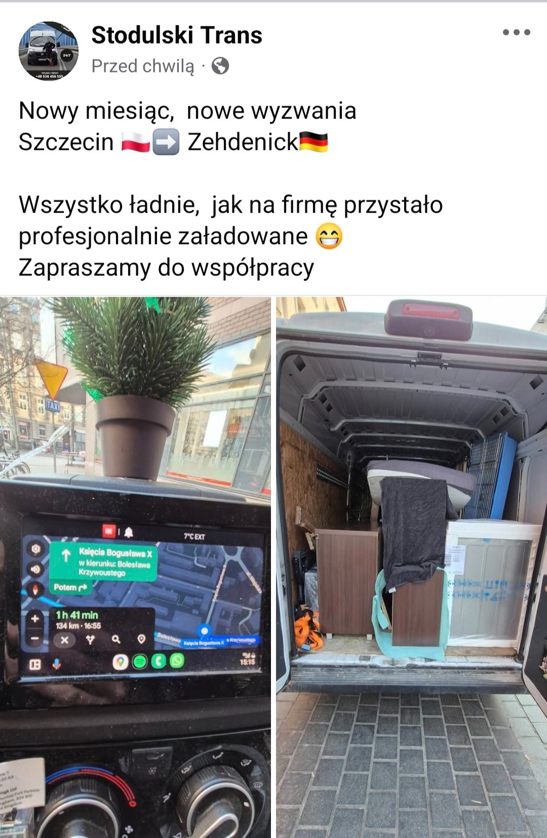 Wnętrze busa załadowane meblami i sprzętami podczas przeprowadzki, widok z kabiny kierowcy z nawigacją GPS wskazującą trasę w Szczecinie, Polska - Zehdenick, Niemcy, na desce rozdzielczej doniczka...