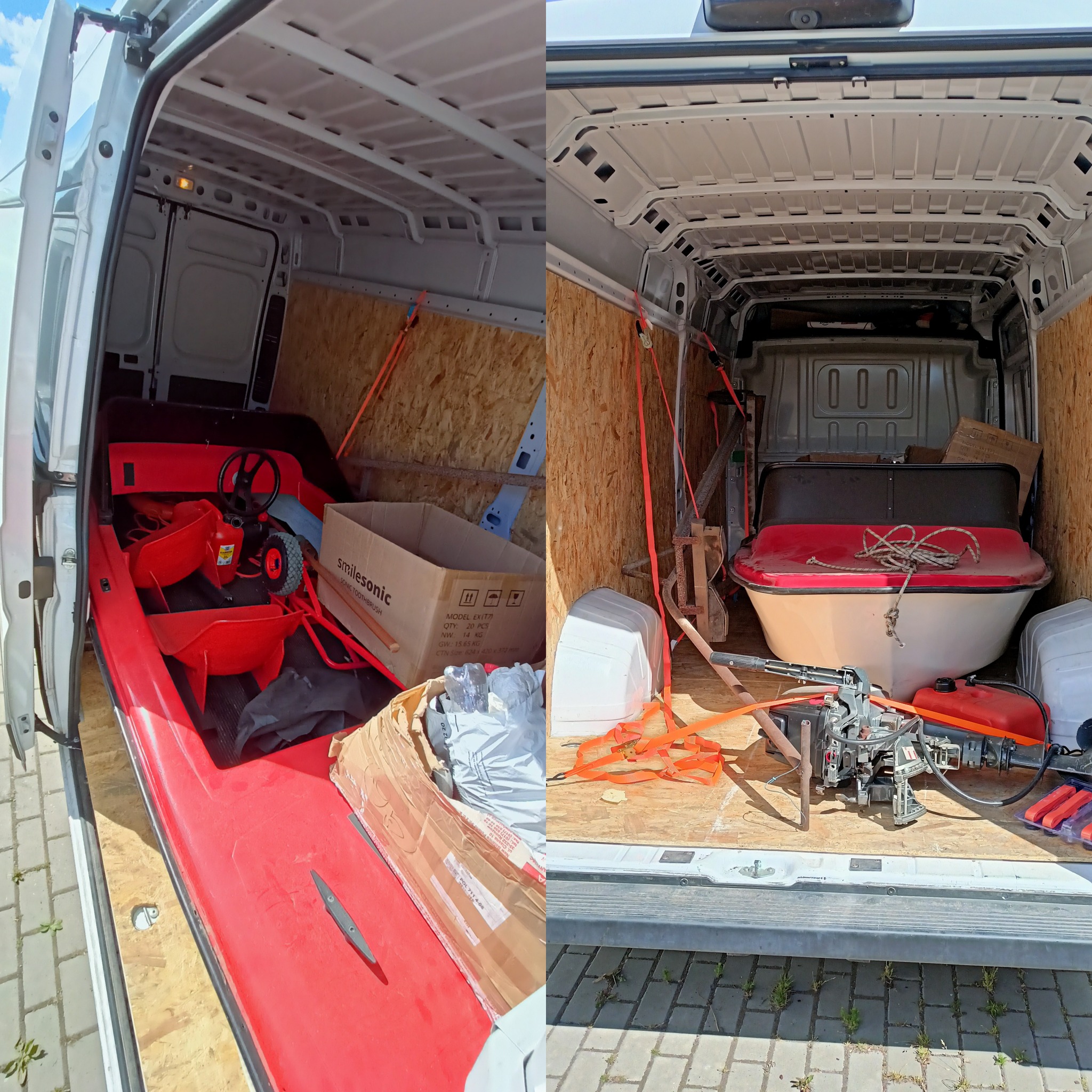 Wnętrze białego busa z ładunkiem: czerwona łódka z silnikiem, zabawkowy samochód, karton Smilesonic, zabezpieczone pomarańczowymi pasami transportowymi.