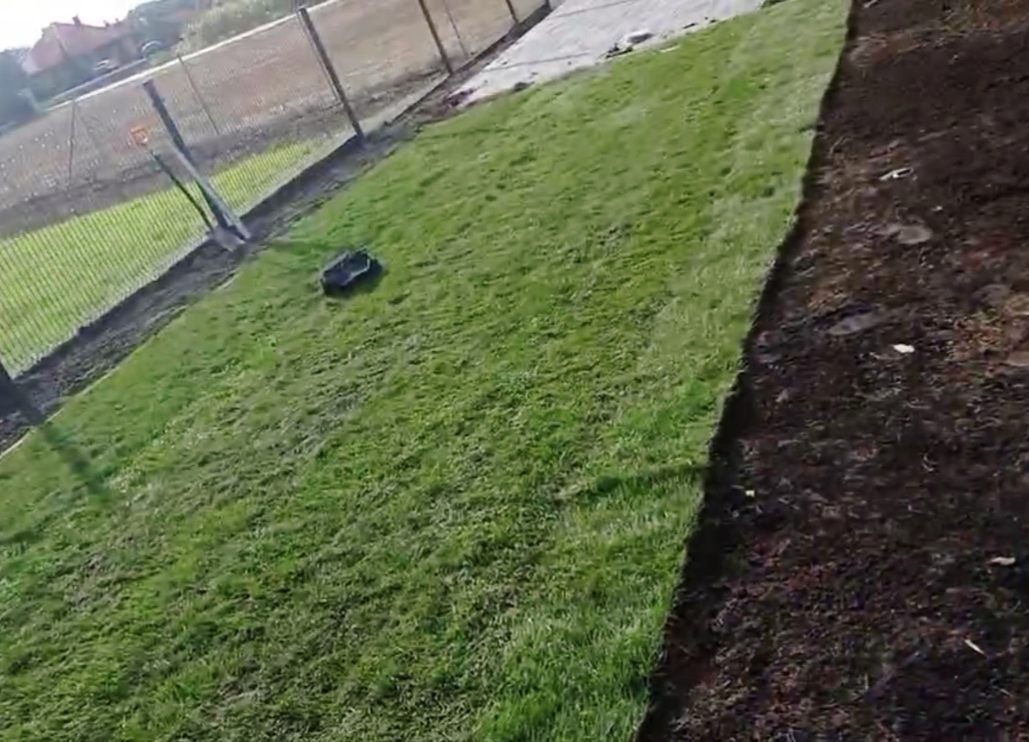 Świeżo rozłożona, intensywnie zielona darń w rolkach przylega do przygotowanej, ciemnej gleby. Na trawie leży niewielki kamień, a w tle widoczna metalowa siatka ogrodzeniowa i częściowo rozłożone...