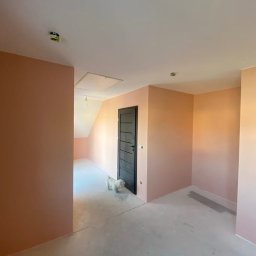 Artur Przepiórka - Pomieszczenie po malowaniu ścian na odcienie różu i brzoskwini, z ciemnymi drzwiami i psem rasy Maltańczyk w tle. Widoczne niedoskonałości podłogi.