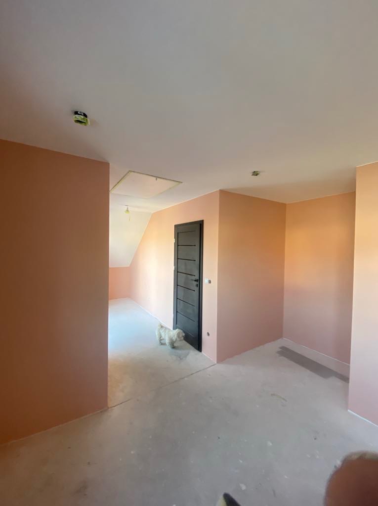 Pomieszczenie po malowaniu ścian na odcienie różu i brzoskwini, z ciemnymi drzwiami i psem rasy Maltańczyk w tle. Widoczne niedoskonałości podłogi.