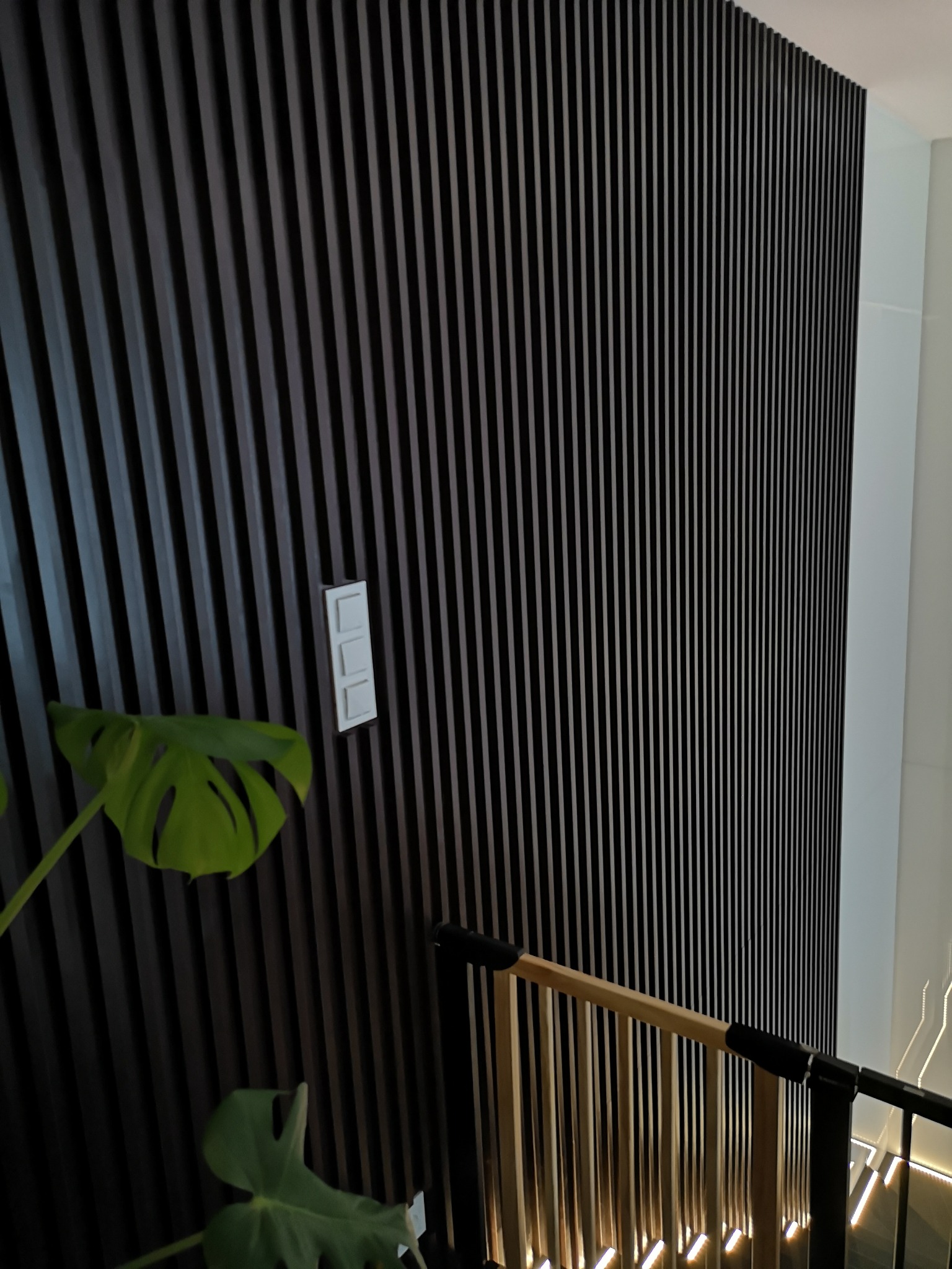 Ciemnobrązowa ściana z pionowych listew, oświetlenie schodów LED, monstera deliciosa w lewym dolnym rogu, biały włącznik światła.