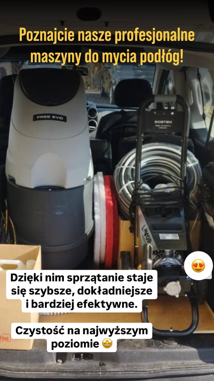 Profesjonalne maszyny do mycia podłóg w bagażniku auta: szorowarka Free Evo, myjka ciśnieniowa Lavor i akcesoria. Sprzątanie szybkie i dokładne.