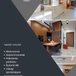 Grafika reklamowa firmy remontowej Verso prezentująca nowoczesne wnętrza: kuchnię z wyspą, jadalnię z drewnianą ścianką działową i marmurową podłogą, oraz listę usług obejmującą malowanie...