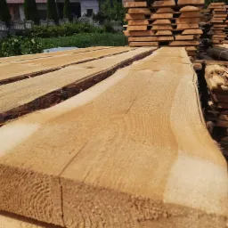 Stosy świeżo przetartego drewna ułożone na zewnątrz, widoczne fragmenty kory na brzegach desek, w tle budynek mieszkalny i drzewa.