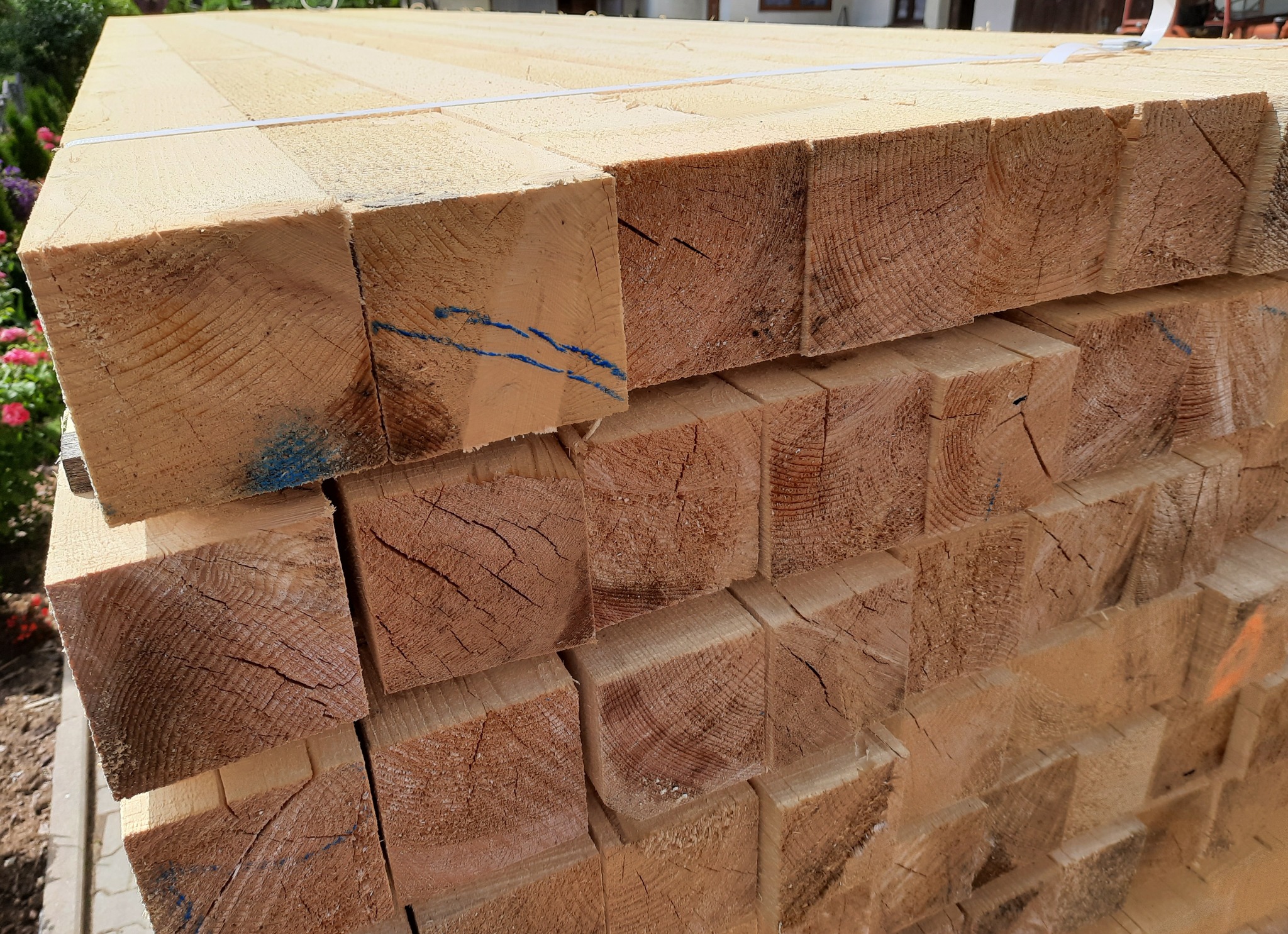 Stos świeżo przetartego drewna konstrukcyjnego, zabezpieczonego białą taśmą, z widocznymi śladami niebieskiej farby na niektórych elementach, ułożony na zewnątrz w pobliżu kwitnących krzewów.