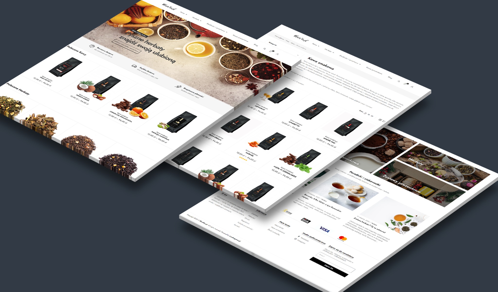 Prezentacja responsywnej strony internetowej sklepu z herbatami i kawami, widok pod kątem, ukazujący różne sekcje, w tym ofertę smakowych kaw i herbat, zestawy prezentowe, porady i informacje...