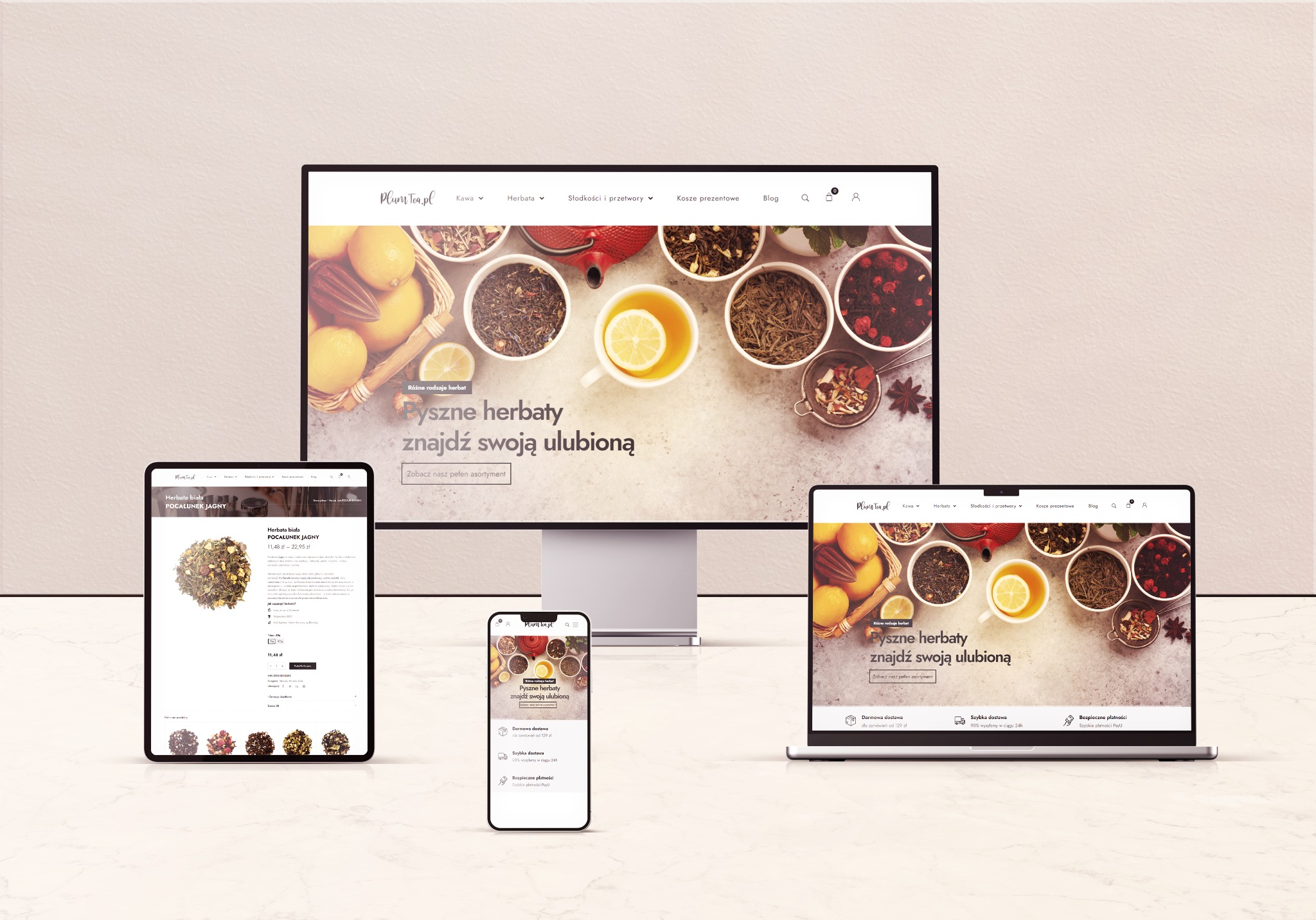 Responsywny design sklepu internetowego z herbatami na monitorze, laptopie, tablecie i smartfonie, prezentujący stronę główną z hasłem 'Pyszne herbaty, znajdź swoją ulubioną' i różnymi rodzajami...