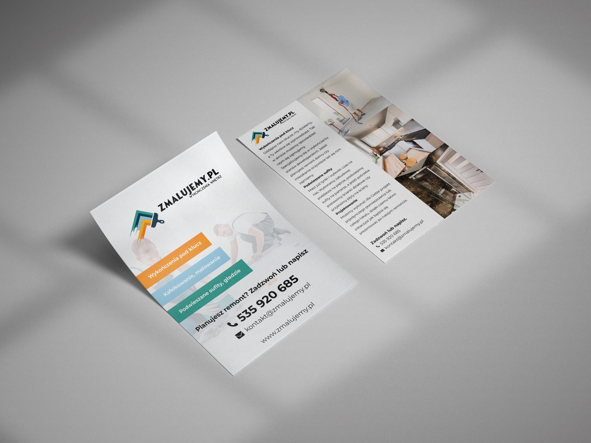Ulotka reklamowa firmy Zmalujemy.pl oferującej wykończenia wnętrz pod klucz, kafelkowanie, malowanie i podwieszane sufity, z widocznymi zdjęciami realizacji i danymi kontaktowymi.