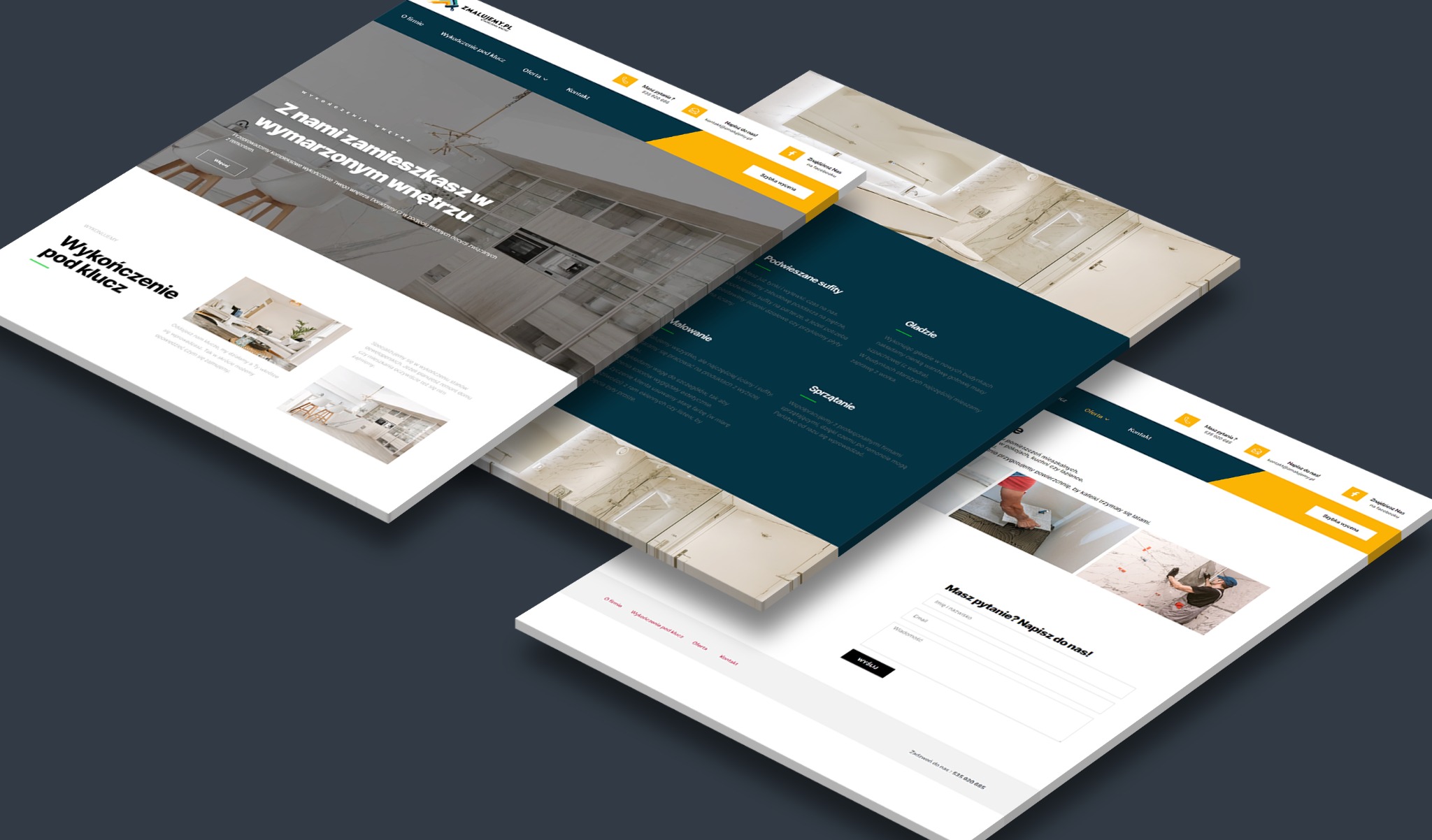 Mockup responsywnej strony internetowej firmy budowlanej z ofertą wykończeń wnętrz, prezentowany w perspektywie 3D z widocznymi sekcjami: nagłówek z menu, opis oferty 'Z nami zamieszkasz...