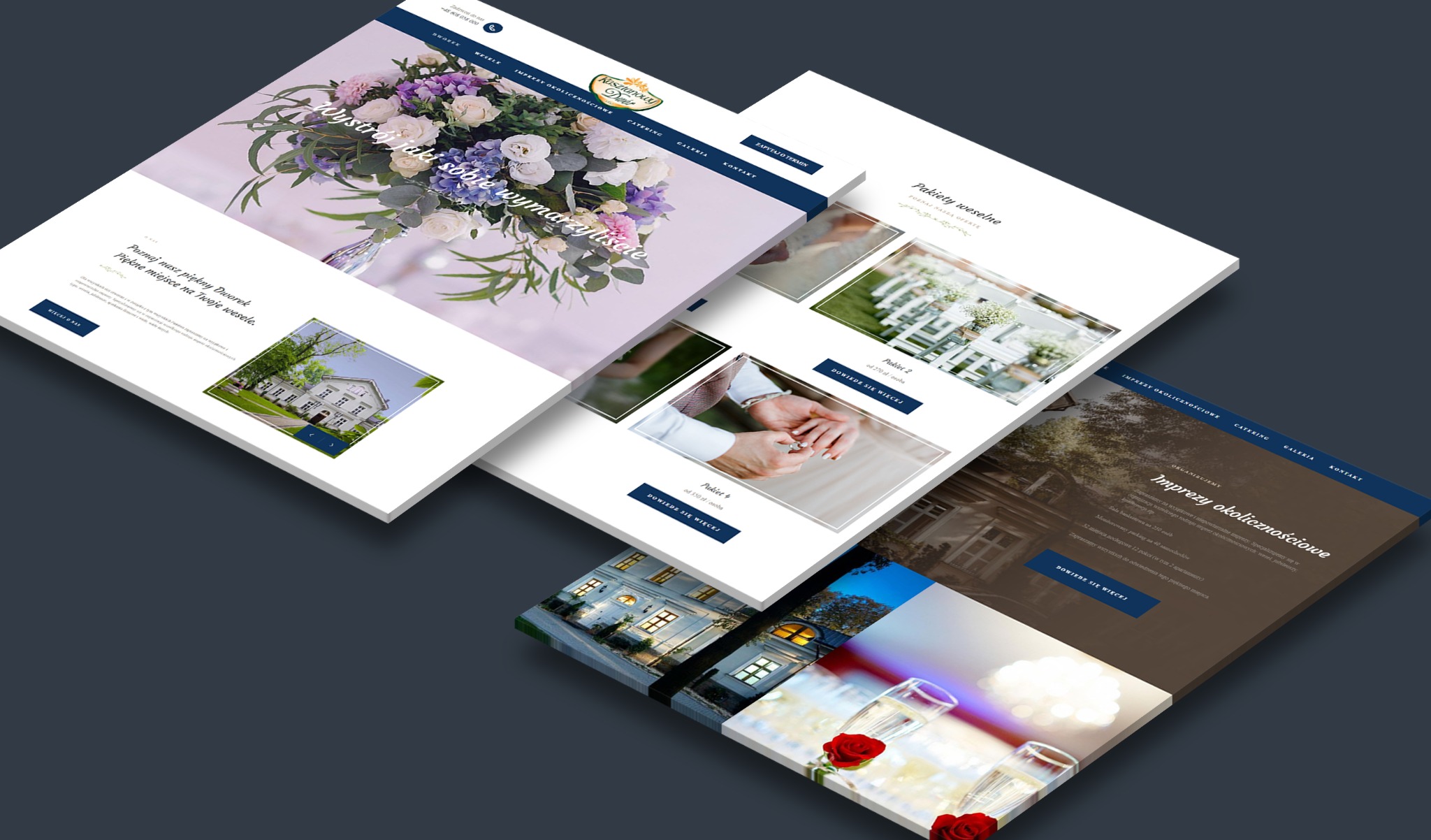 Perspektywiczny widok na kilka ekranów laptopów prezentujących stronę internetową z motywem weselnym, ukazującą kwiaty, parę młodą i budynek dworku, całość w stonowanej kolorystyce.