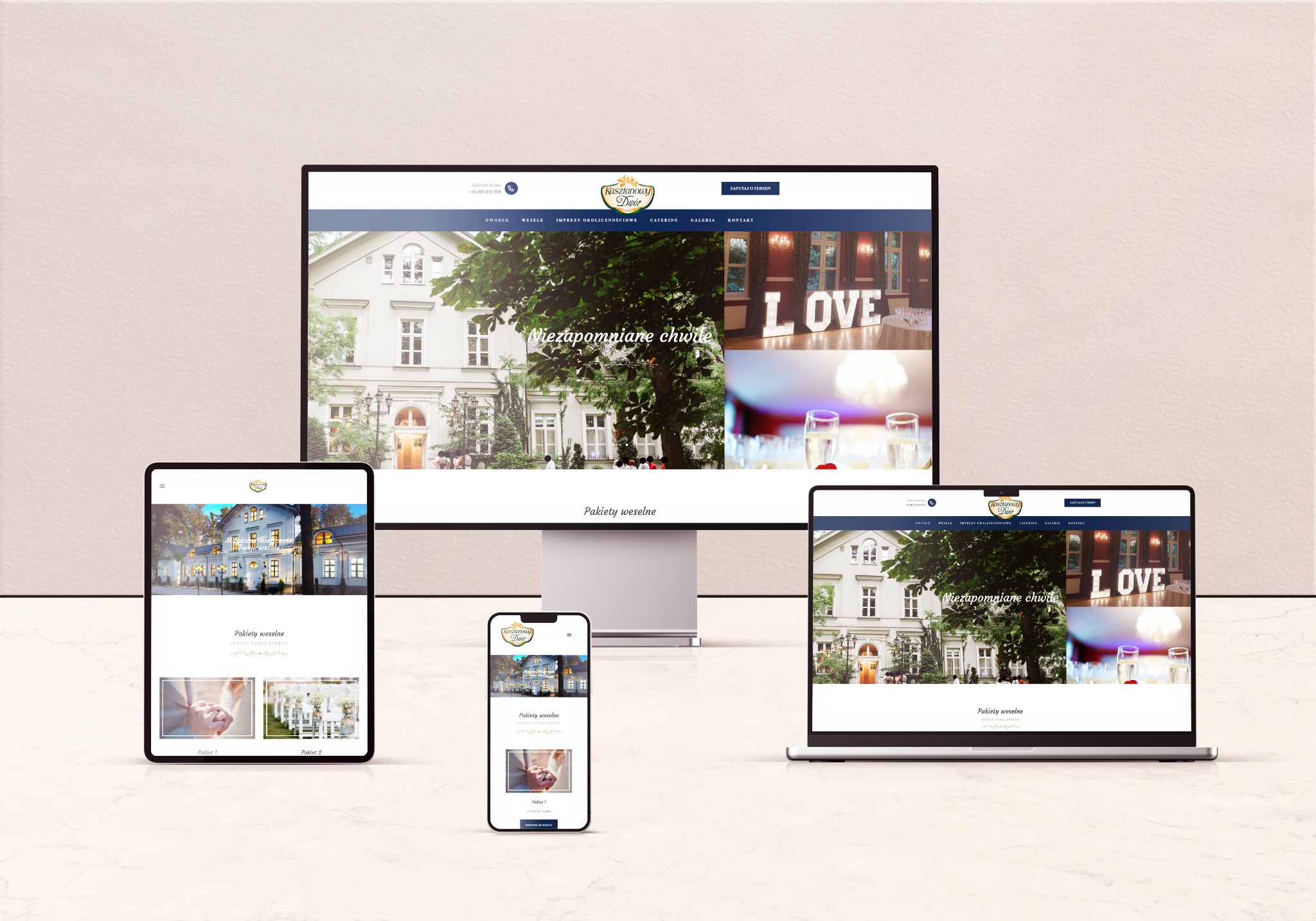 Responsywny układ strony internetowej z motywem weselnym, wyświetlany na monitorze, laptopie, tablecie i smartfonie; widoczny nagłówek z logo 'Kasztanowy Dwór' i hasłem 'Niezapomniane chwile'.