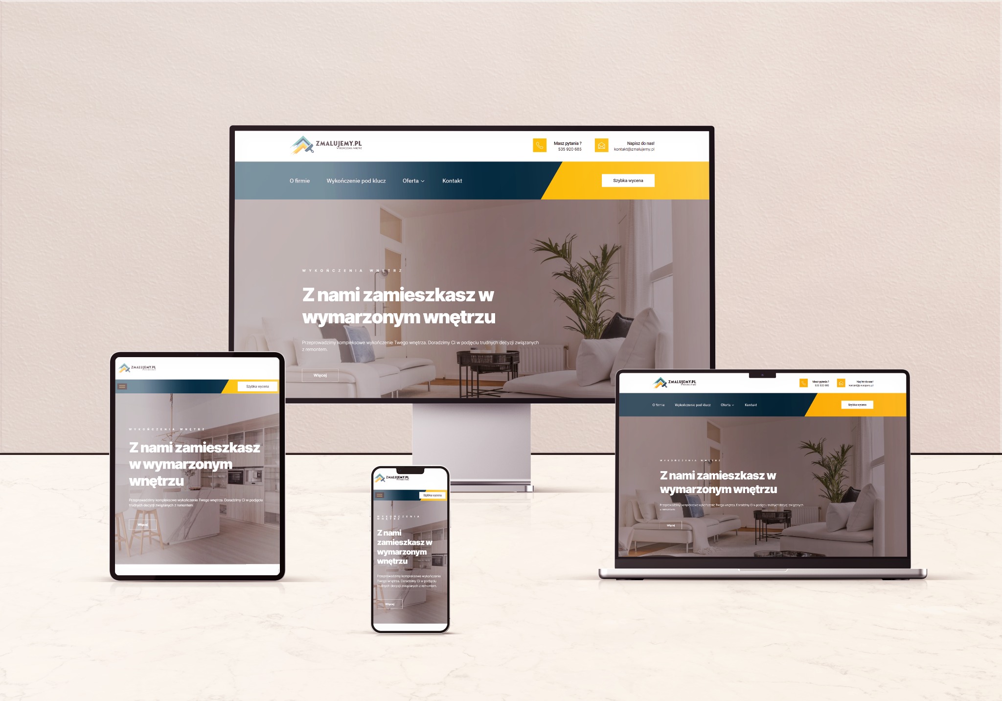 Prezentacja responsywnej strony internetowej 'Zmalujemy.pl' na monitorze, laptopie i smartfonie, z widocznym wnętrzem mieszkania w tle.