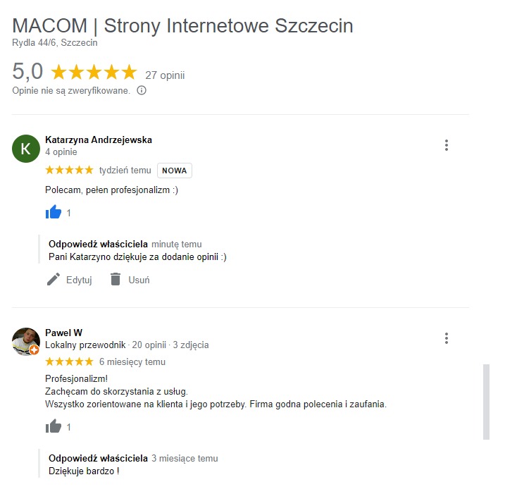 Zrzut ekranu z opiniami klientów o firmie MACOM Strony Internetowe Szczecin, widoczne oceny 5.0, pozytywne komentarze i odpowiedzi właściciela na recenzje.