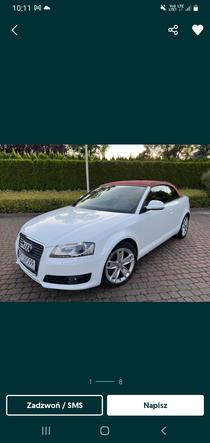 Biały kabriolet Audi A3 z bordowym dachem, zaparkowany na brukowanej powierzchni przed zielonym żywopłotem.