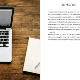 Laptop, notatnik i długopis leżące na drewnianym biurku, sugerujące pracę nad tekstem.