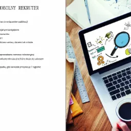 Osoba pisze na laptopie z otwartą stroną prezentującą graficzne symbole związane z poszukiwaniem pracy, obok filiżanka kawy i miarka.