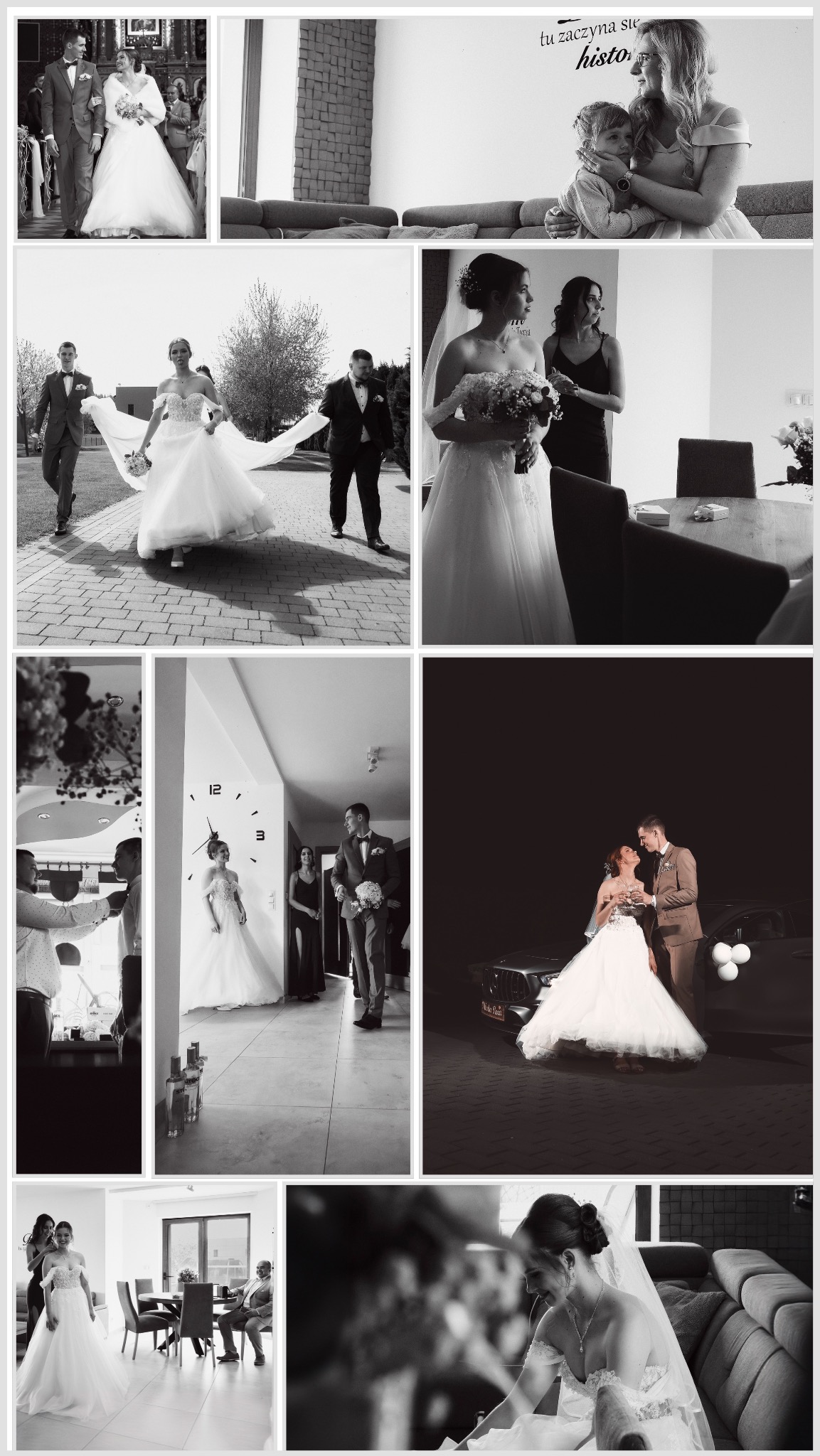 Czarno-biały kolaż z różnych ujęć ślubnych: para młoda w kościele, podczas spaceru, przygotowań i toastu przy samochodzie.