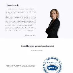 Projekt strony internetowej agencji nieruchomości z formularzem kontaktowym i prezentacją certyfikatów oraz opinii klientów.