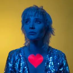 Portret kobiety w cekinowej kurtce, oświetlonej niebieskim światłem z czerwonym sercem na piersi, spoglądającej w g&oacute;rę na ż&oacute;łtym tle.