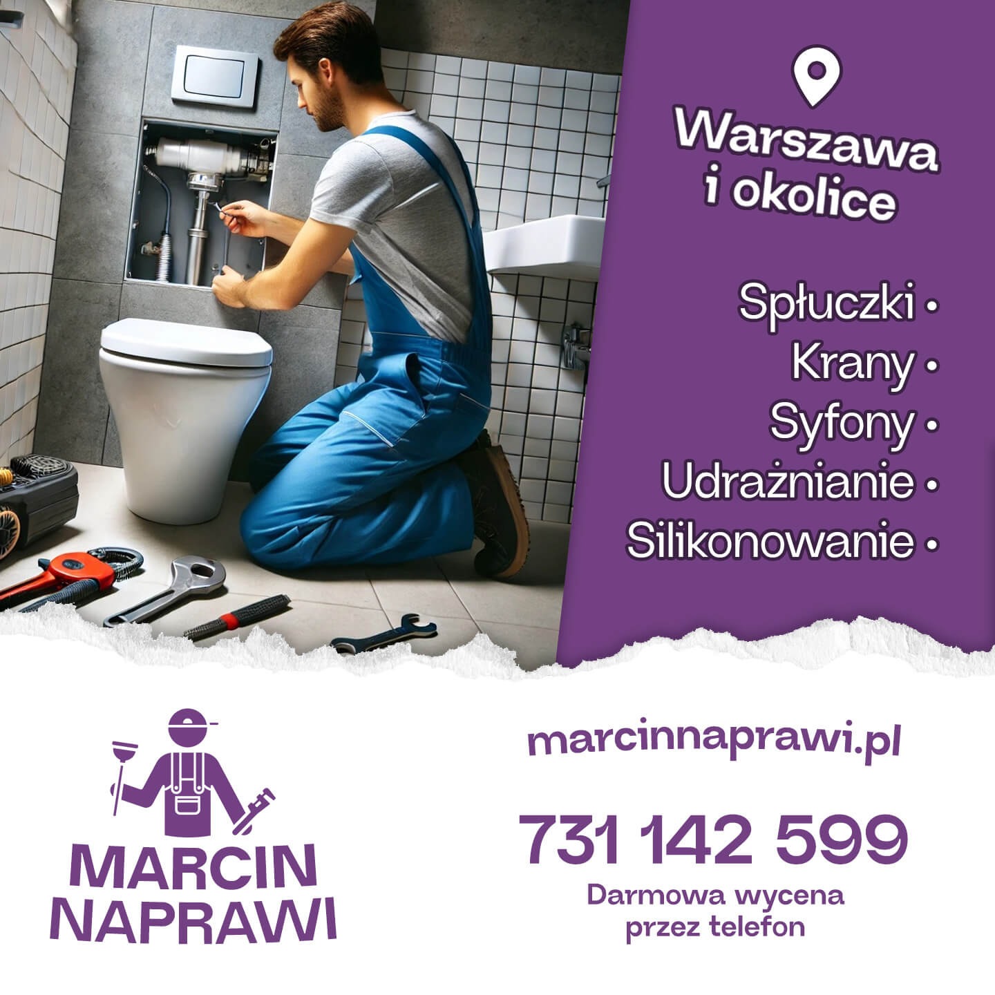 Mężczyzna w niebieskim kombinezonie naprawia spłuczkę w toalecie, widoczne narzędzia obok sedesu, reklama usług hydraulicznych z adresem strony i numerem telefonu.