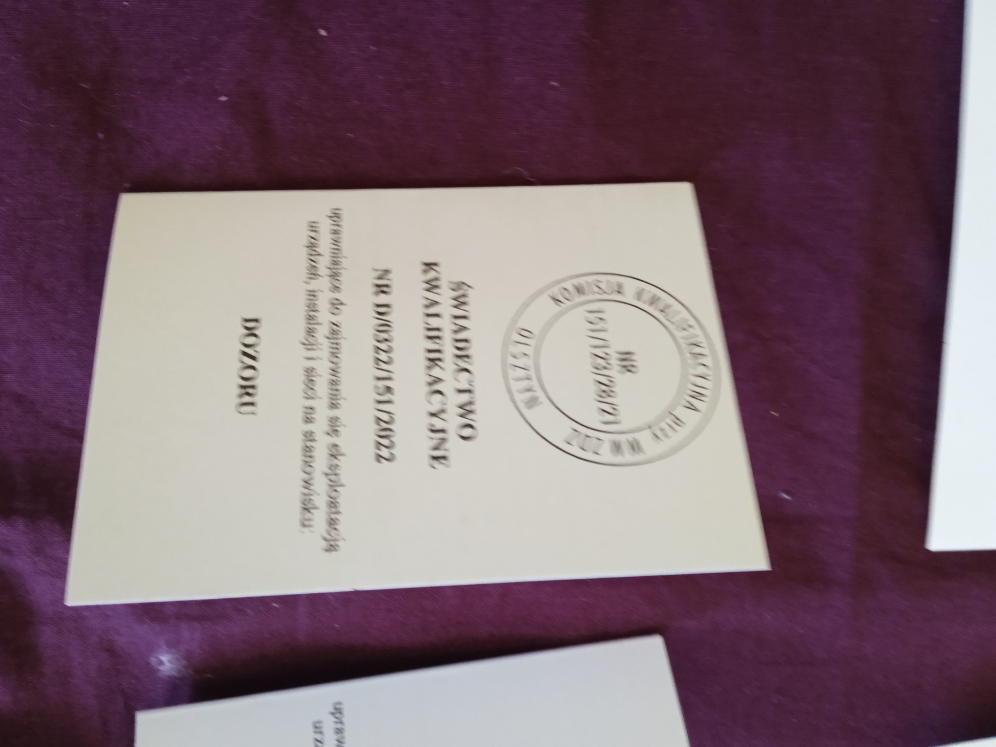 Uprawnienia D/0322/151/2022 Wykonawstwo Pomiary Montaż Demontaż instalacji elektrycznej do 1kV