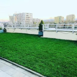 Intensywnie zielony trawnik na dachu budynku z białą balustradą, w tle zabudowa miejska i błękitne niebo o zmierzchu.