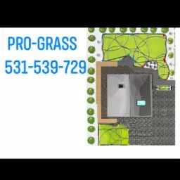 Plan zagospodarowania przestrzennego ogrodu z numerem telefonu firmy PRO-GRASS, widok z góry, uwzględniający nawierzchnię z kostki, trawnik i nasadzenia drzew.