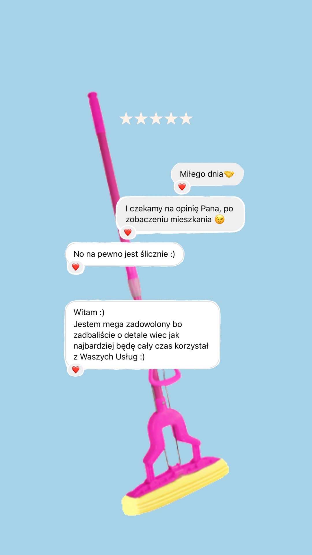 Opinia klienta z Wrocławia po usłudze, widoczna w formie zrzutu ekranu rozmowy, z pięcioma gwiazdkami i emotikonami serca, chwaląca dbałość o detale.