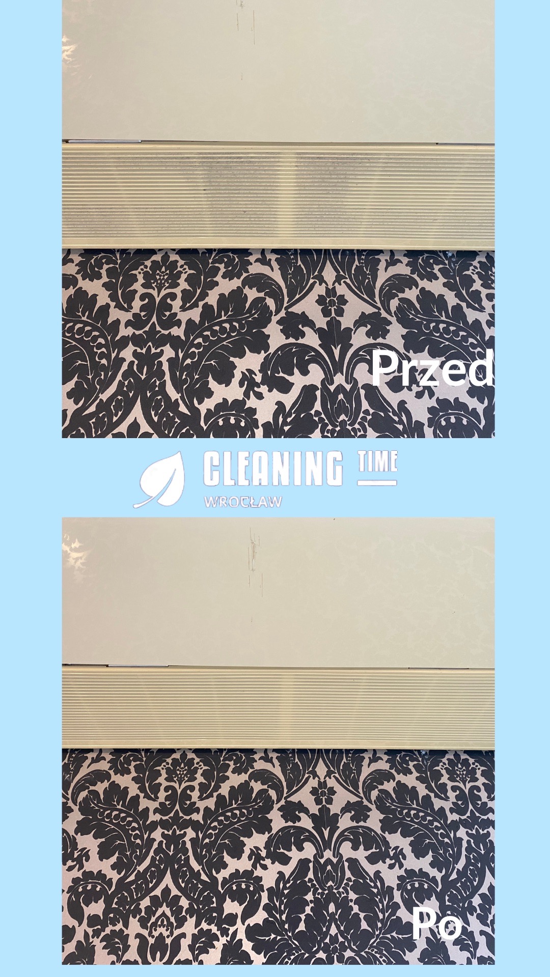 Porównanie stanu ściany przed i po czyszczeniu, widoczna tapeta w kwiatowy wzór, listwa przypodłogowa i fragment ściany, z napisem 'Przed' i 'Po' oraz logo firmy 'Cleaning Time Wrocław'.