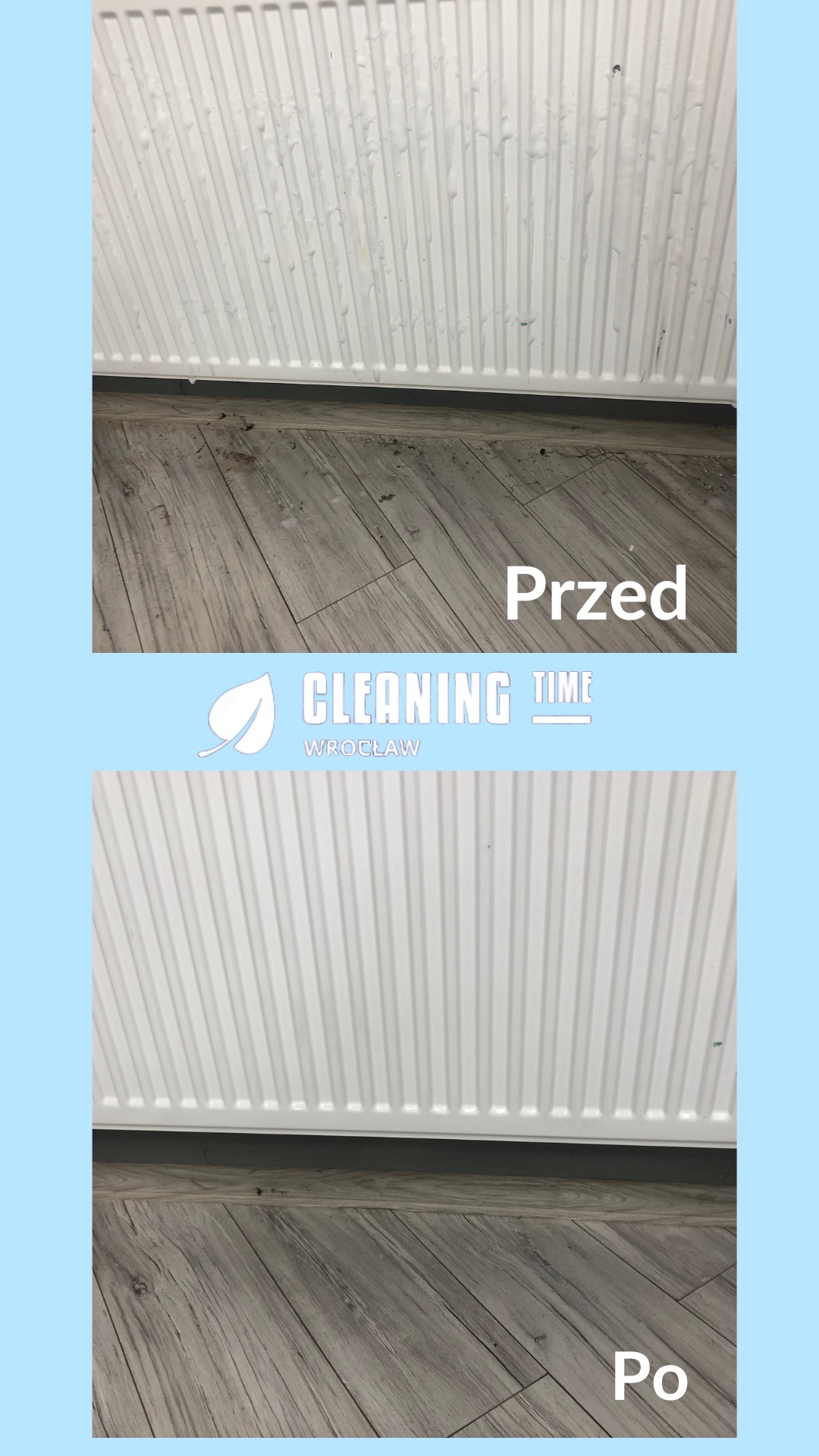 Porównanie stanu grzejnika żeberkowego przed i po czyszczeniu, widoczne zabrudzenia i zacieki na górnym zdjęciu oraz czysty grzejnik na dolnym zdjęciu, drewnopodobna podłoga w obu ujęciach.